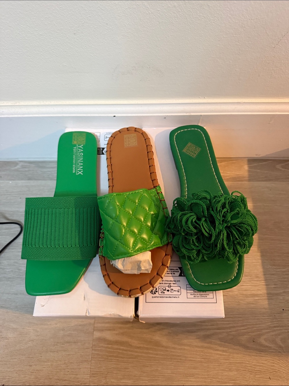 Green Women's Flat Slide Sandals Trio